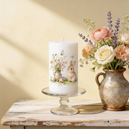 Easter Bunny and Wildflowers Decorative Pillar Candle