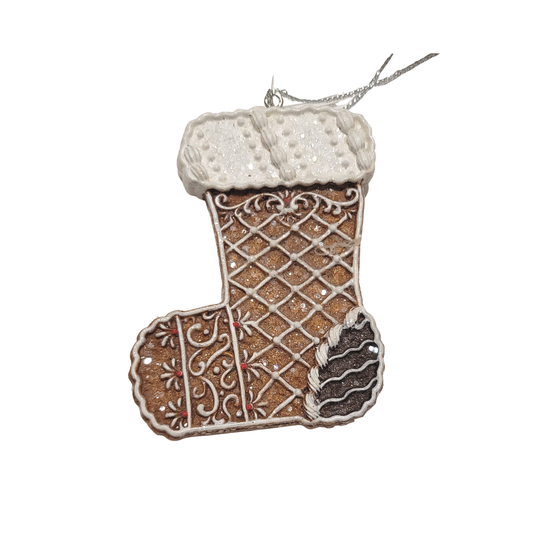 Pnted rsn gbread stock orn,wht glit acc,3in