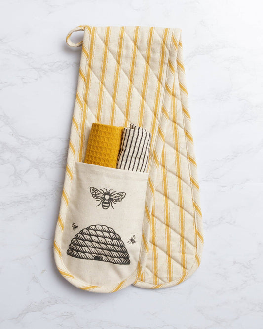 Double Oven Mitt Gift Set With Dish Cloths - Bee
