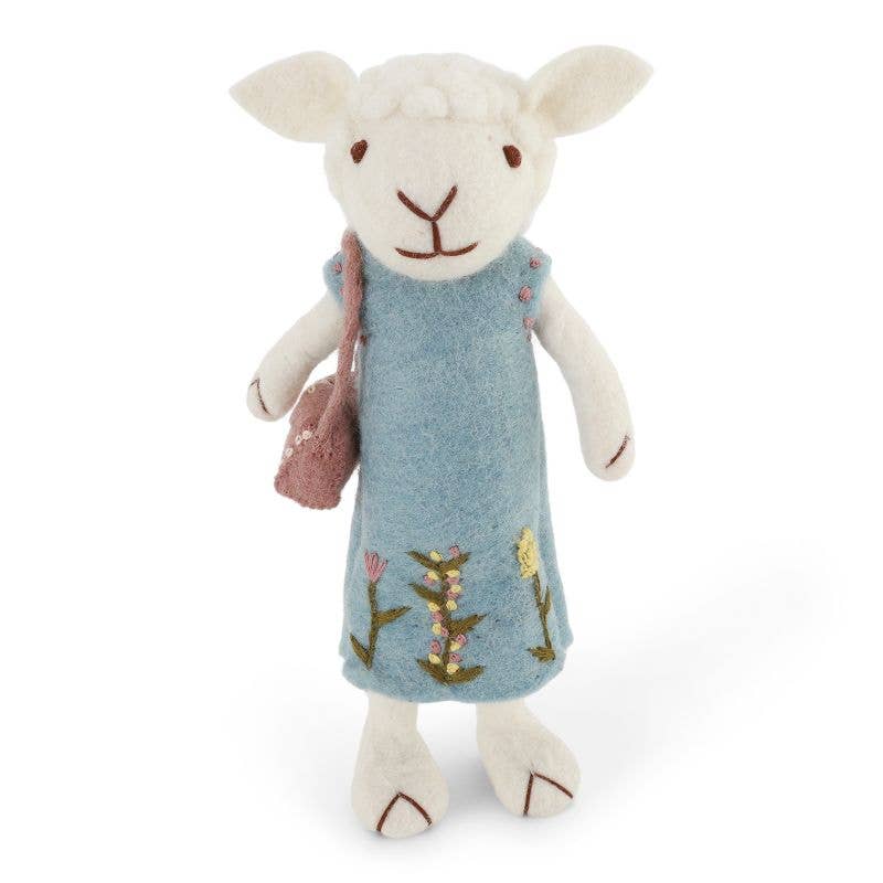 Medium White Girly Sheep w/Light Blue Dress & Purse