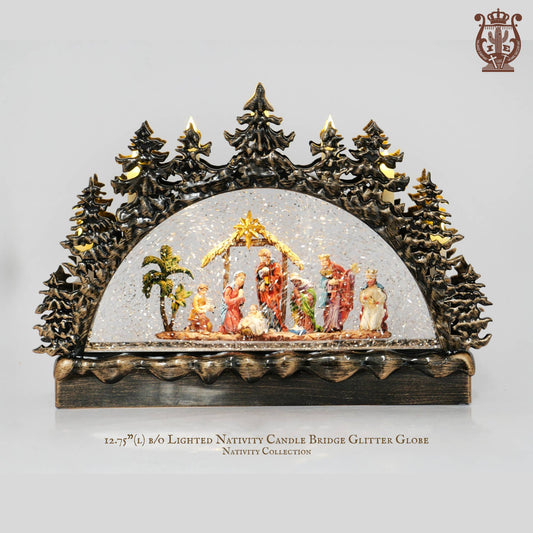 12.75” B/O Lighted Nativity Candle Bridge Glitter Globe