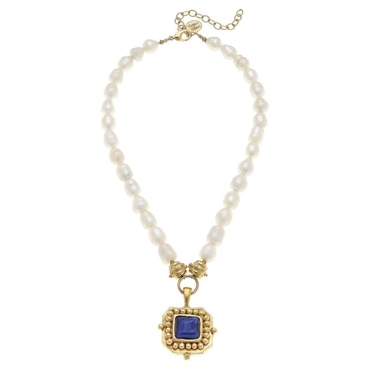 Susan Shaw - Gold Blue Crystal Pendant on Genuine Freshwater Pearl Necklace