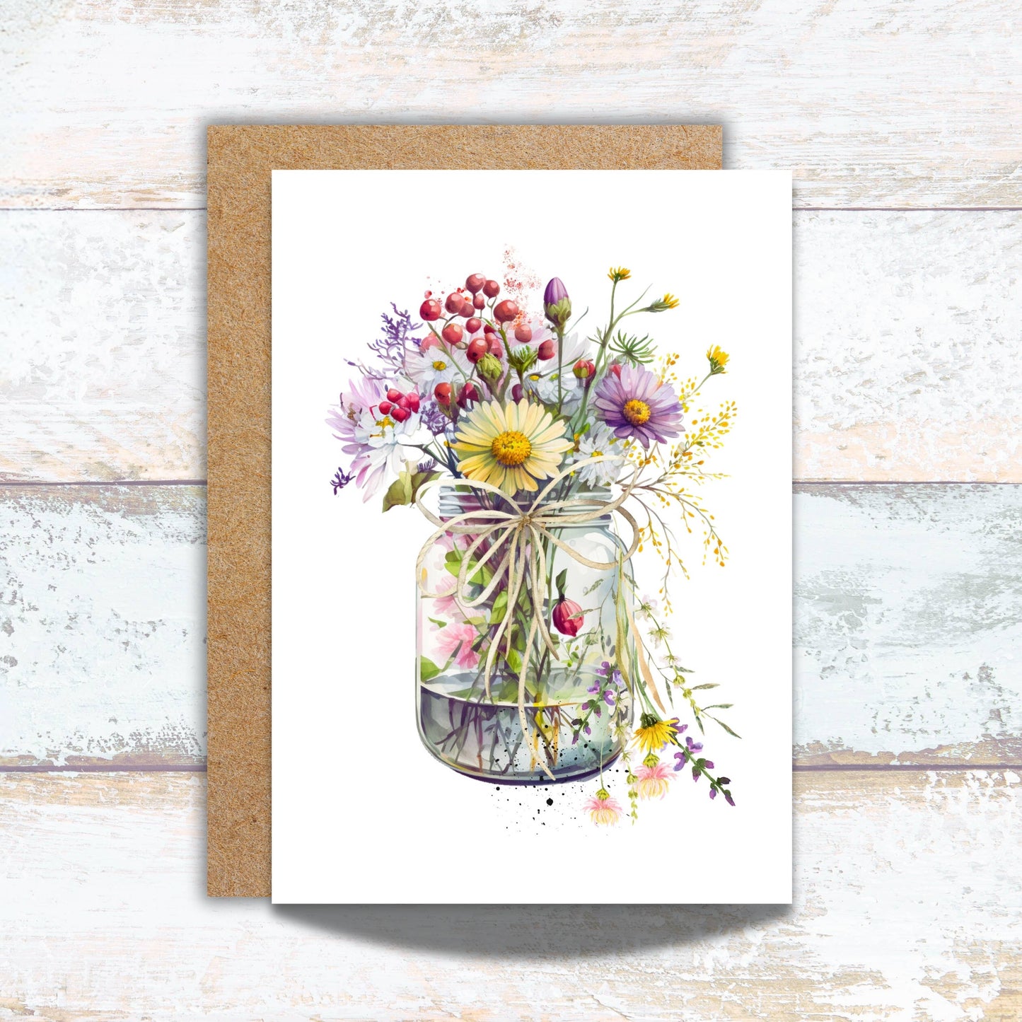 Mason Jar Wildflower Bouquet Watercolor Greeting Card