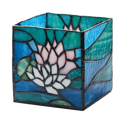 4.75"W Blue Lotus Pond Stained Glass Candle Holder