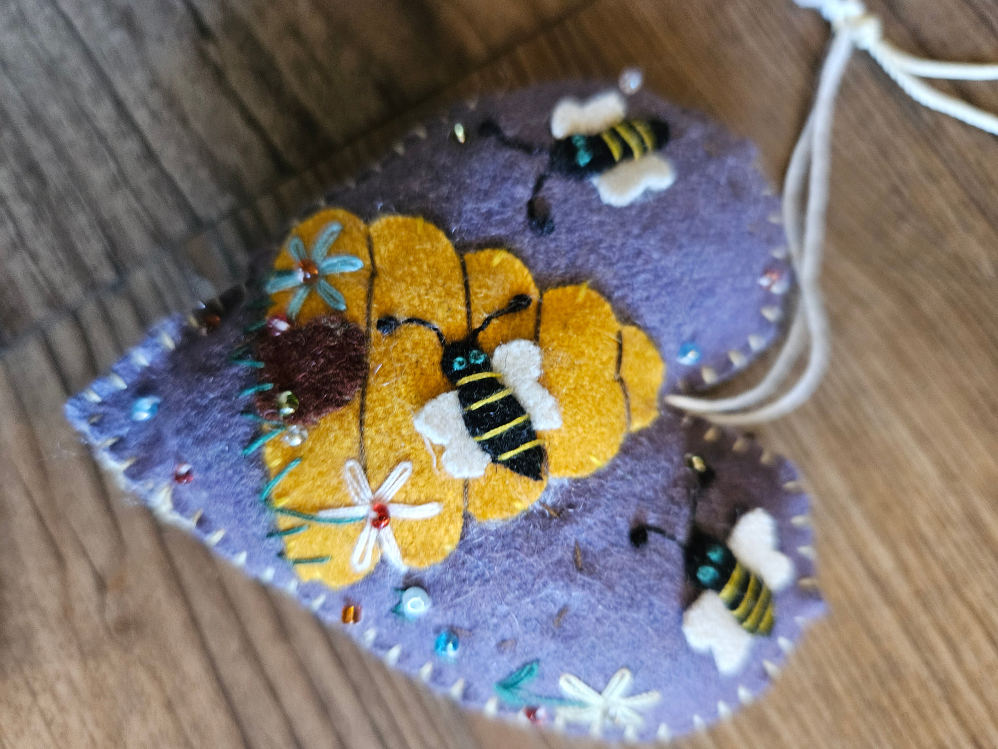 Plush Purple Heart with Bees and Beehive Ornament